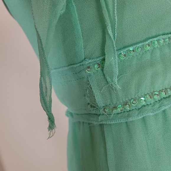 Y2K beaded silk blend mint green top asymmetric hem. - Picture 4 of 15